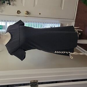 Others Follow charcoal gray dress beige lace up trim at hem short sleeve…S New